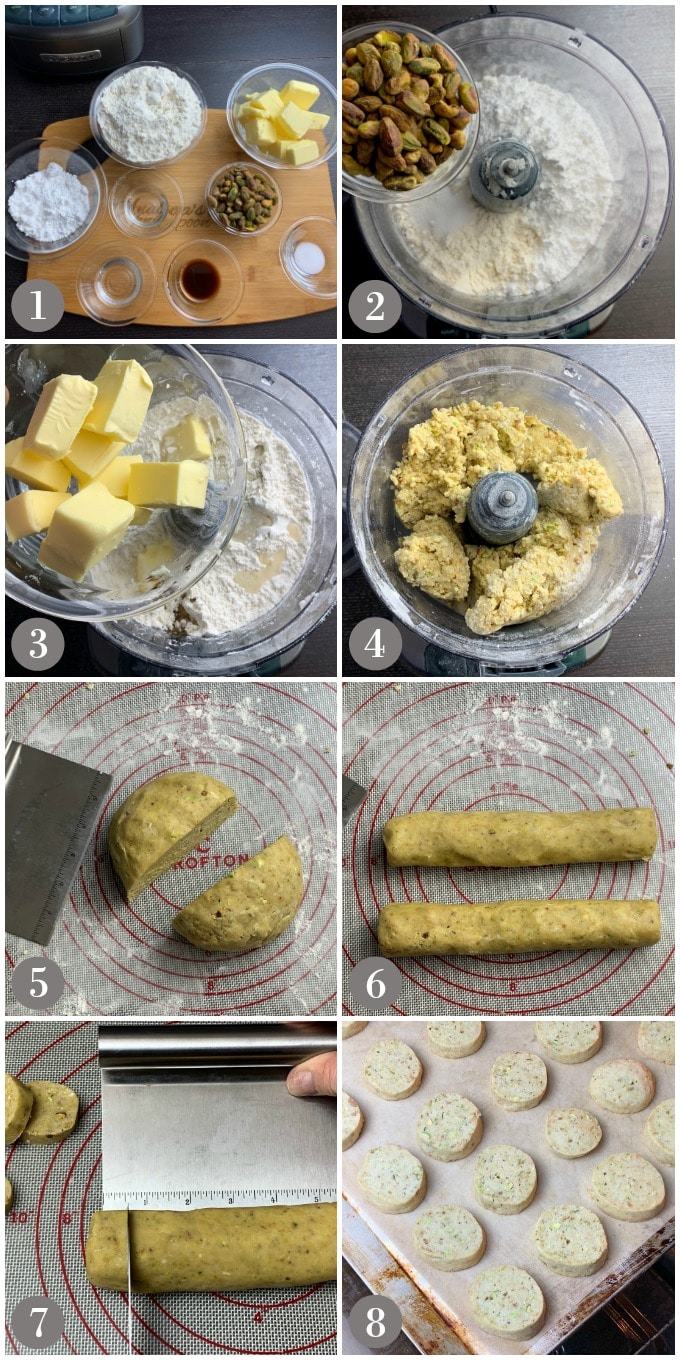 A collage of photos showing steps to make pistachio rosewater cookies in a food processor, chilling, cutting then baking.