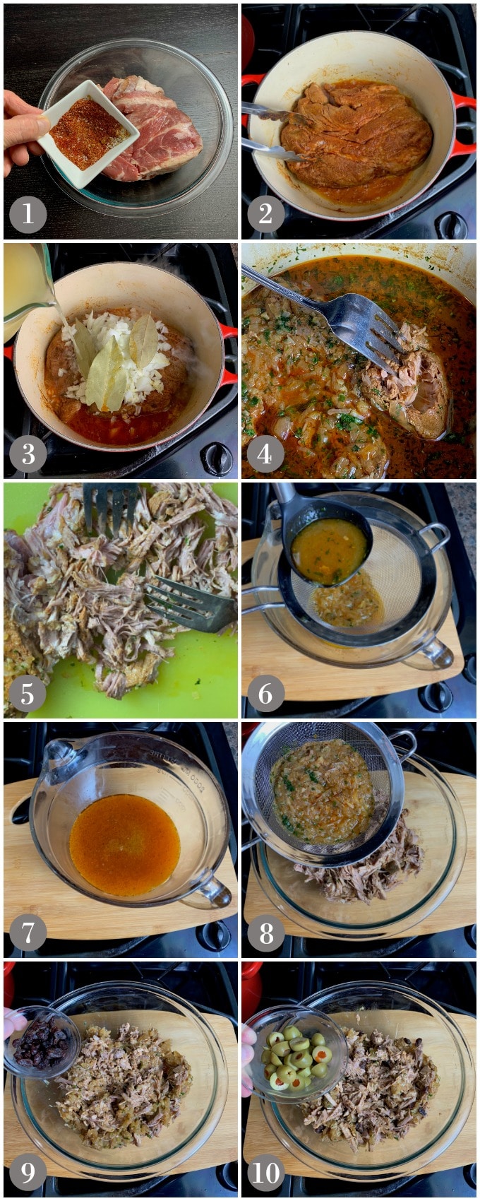 A collage of photos showing the steps to make the filling for pork tamales in a pot on the stove.