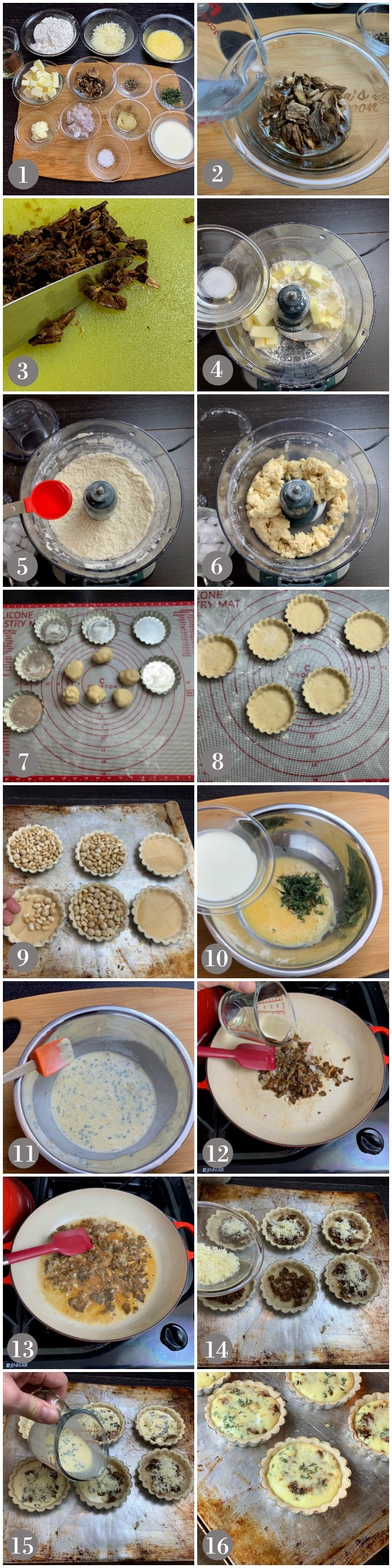 A collage of photos showing steps to make the dough, filling and bake wild mushroom and gruyere mini quiches.
