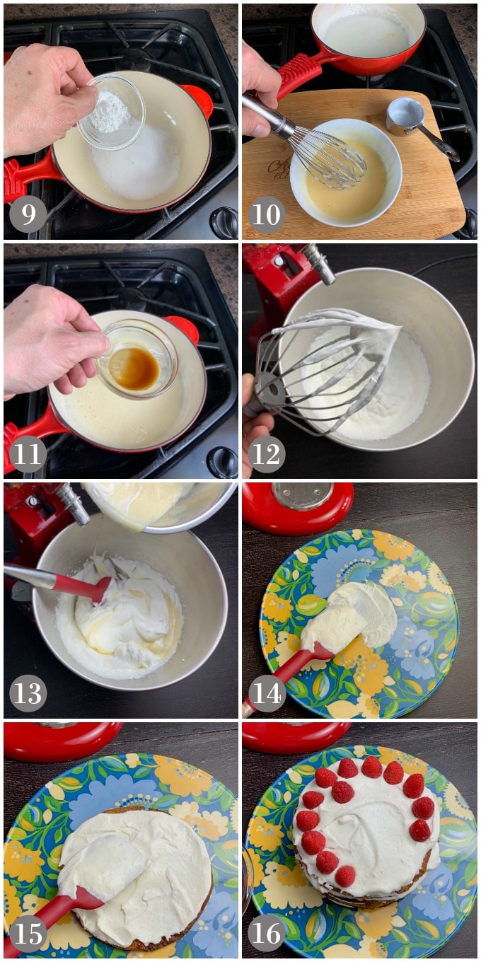 A collage of photos show steps to make the cream filling and assemble Swedish tusenbladstarta.