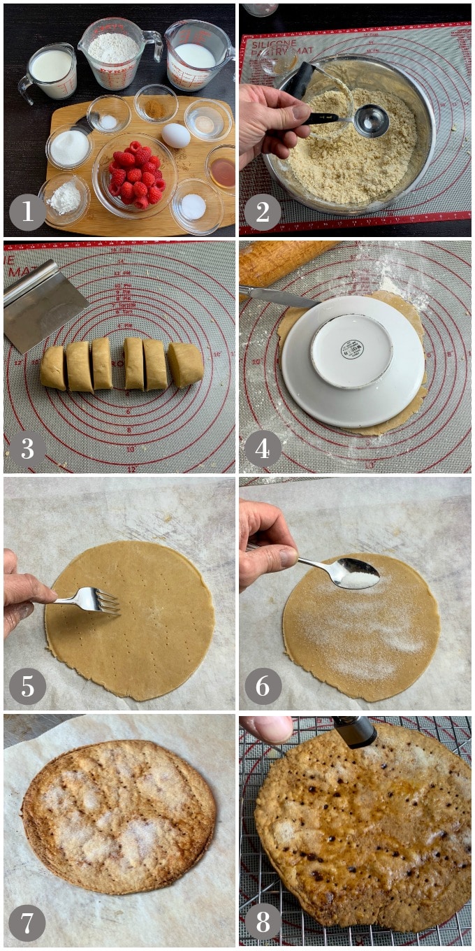 A collage of photos showing the ingredients and steps to make pastry for Swedish tusenbladstarta.