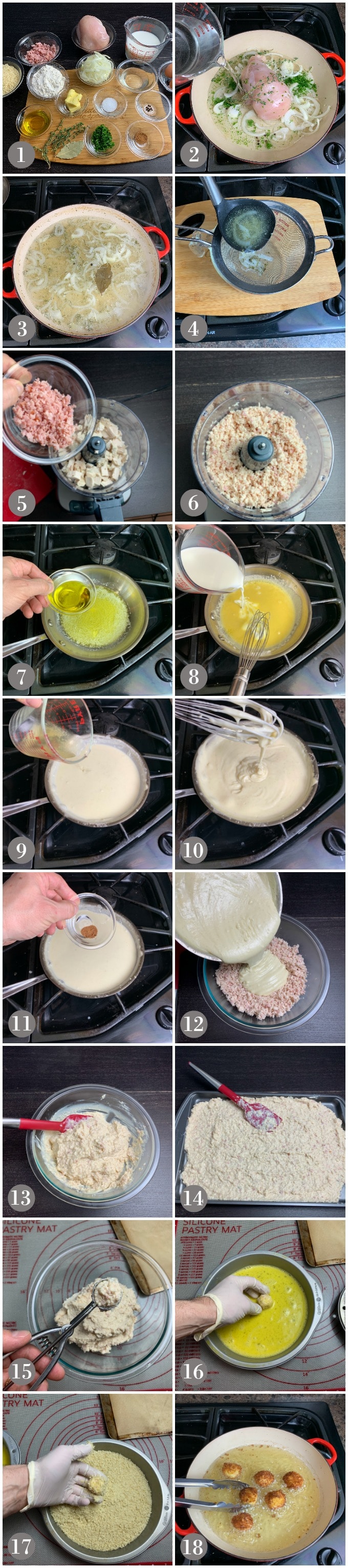 A collage of photos showing the steps to make ham and chicken croquettes in a pan and then frying.