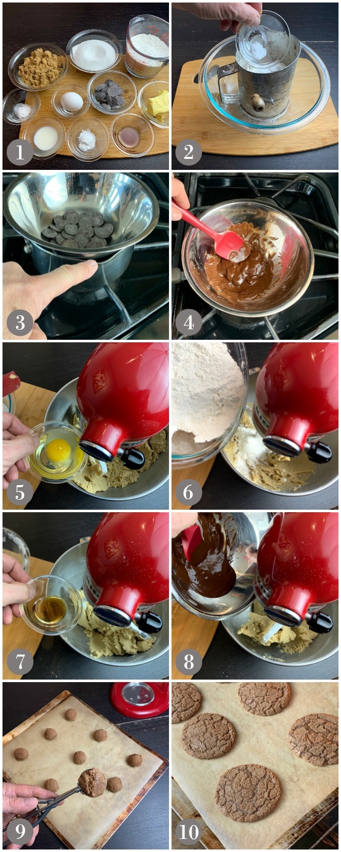 A collage of photos showing the ingredients and step to mix and bake chocolate drop cookies.
