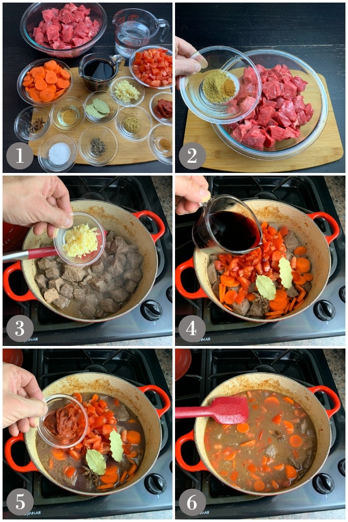 A collage of photos showing the ingredients and step to tướng make Vietnamese beef stew in a Dutch oven.