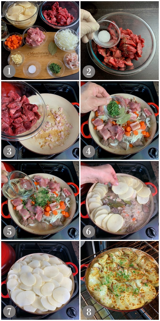 A collage of photos showing steps to make French baeckeoffe stew in a braising pan.
