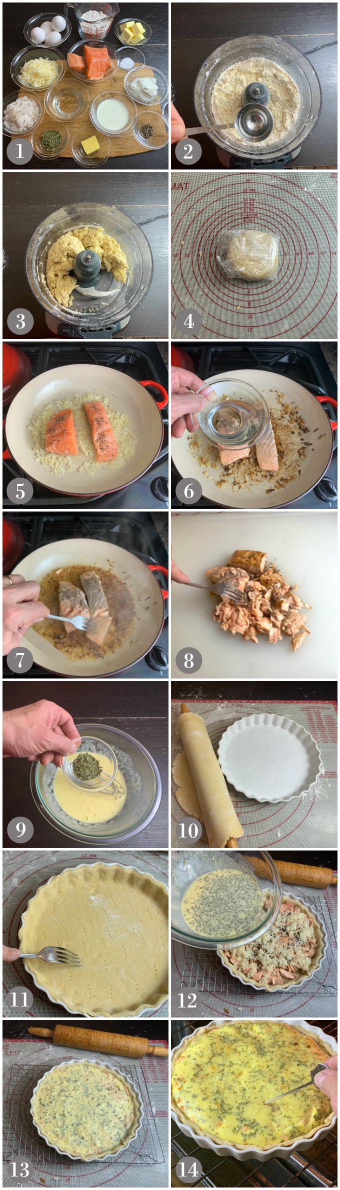 A collage of photos showing the ingredients and steps to make salmon quiche with fresh dough and filling.