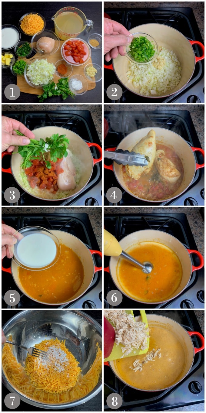 A collage of photos showing steps to make chicken tortilla soup in a large soup pot.
