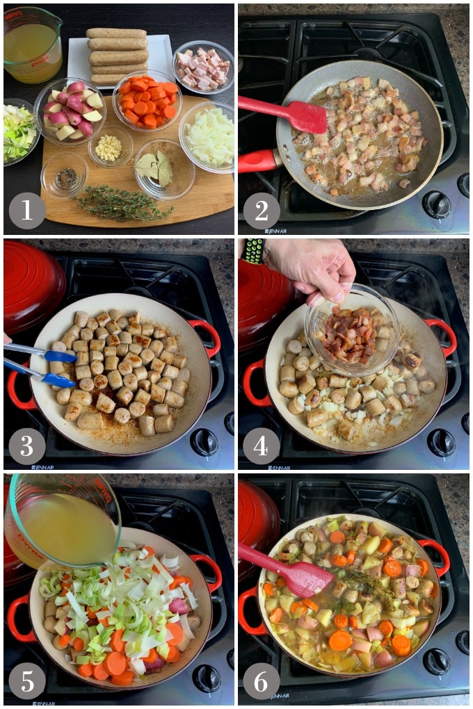 A collage of photos showing steps to make Traditional Irish Dublin coddle in a pan on the stove.