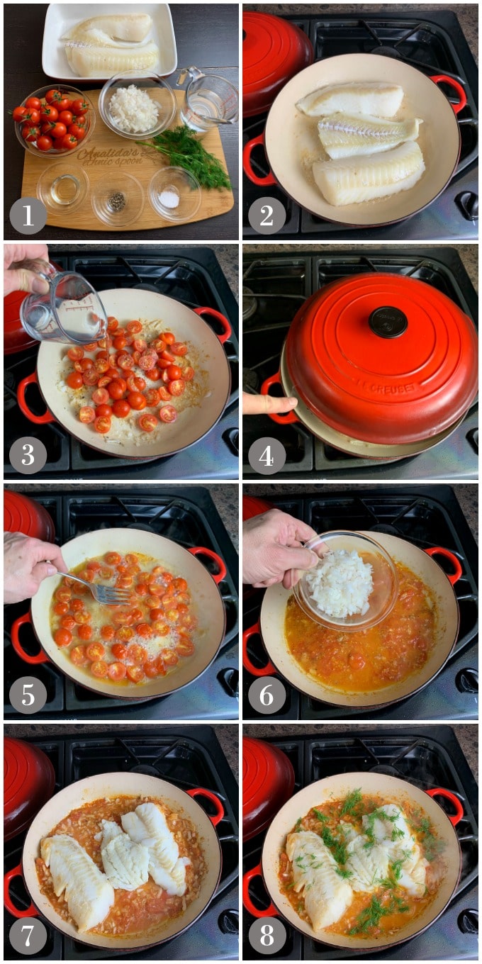 A collage of photos showing the steps to make Vietnamese tomato fish in a pan on a stove.