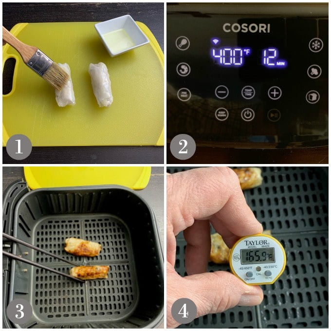 A collage of photos showing the cooking of Vietnamese spring rolls in an air fryer.