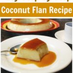 A photo of coconut flan on a white plate.