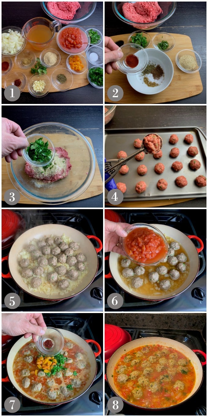 A collage of photos showing the ingredients and steps to make North African lamb meatballs or lamb kofta.