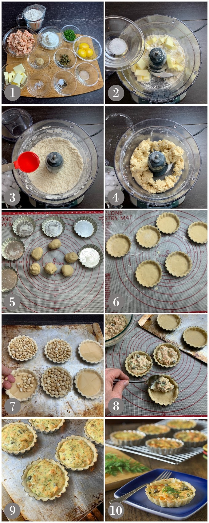 A collage of photos showing steps to make dough and the filling to bake salmon tartlets.