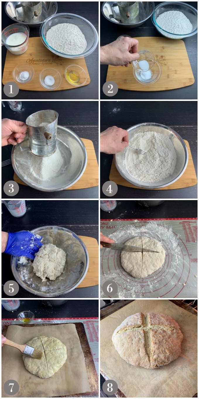 A series of photos showing the ingredients and the steps to make a loaf of Irish soda bread.