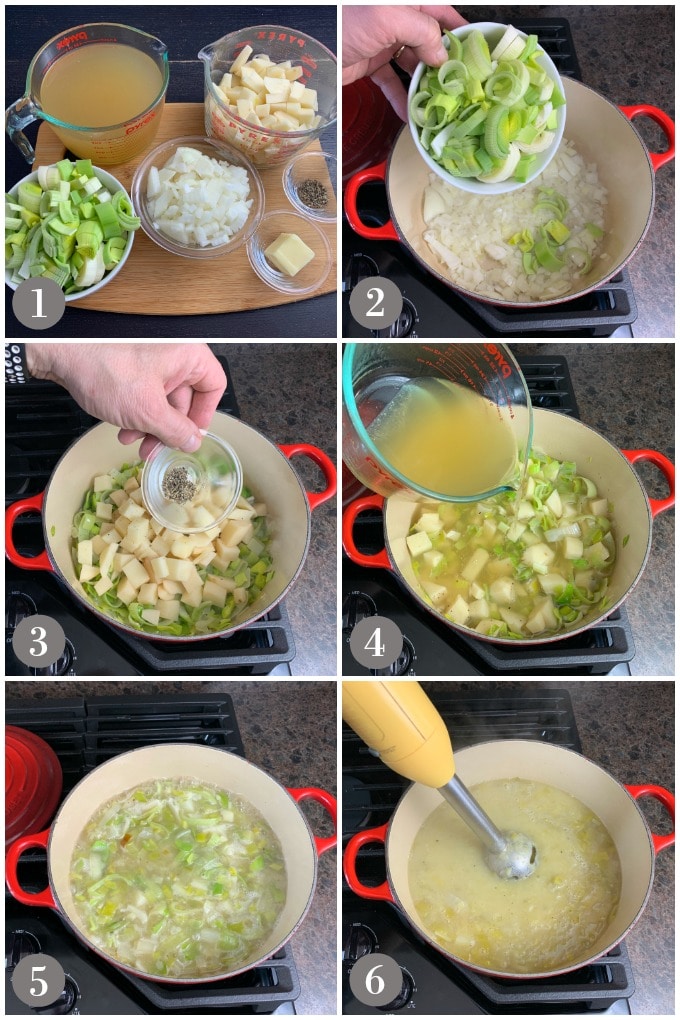 A collage of photos showing the ingredients and steps to make Irish potato leek soup on the stove in a pot.