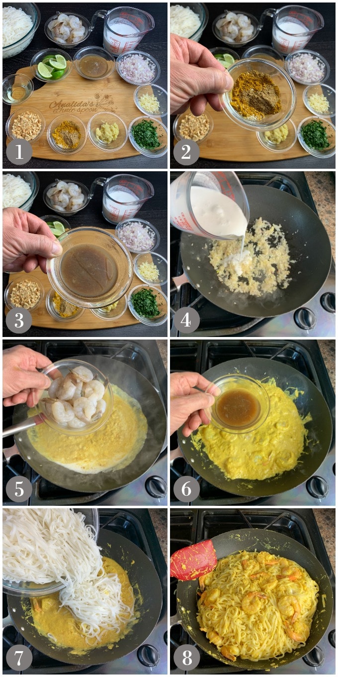 A collage of photos showing the ingredients and steps to make Indonesian curry noodles with shrimp and coconut milk.