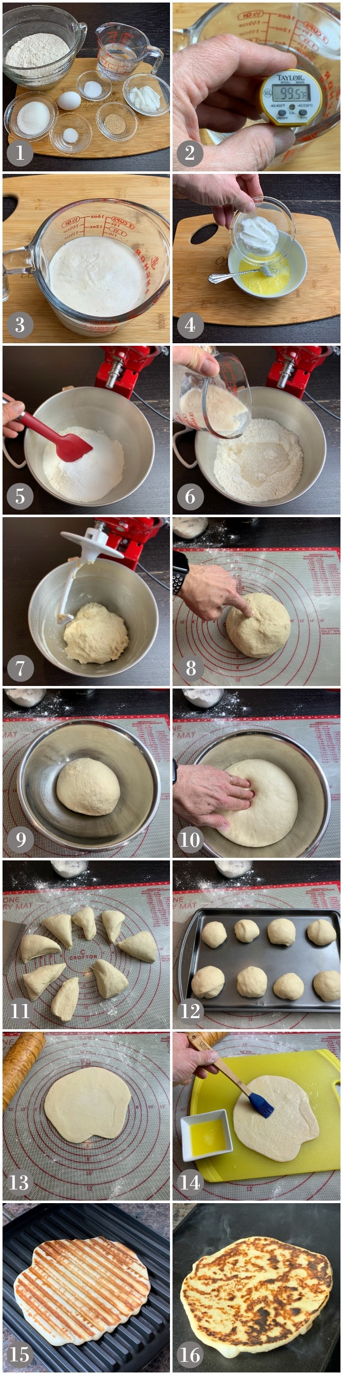 A collage of photos showing the ingredients and steps to make naan bread on a griddle or panini press.