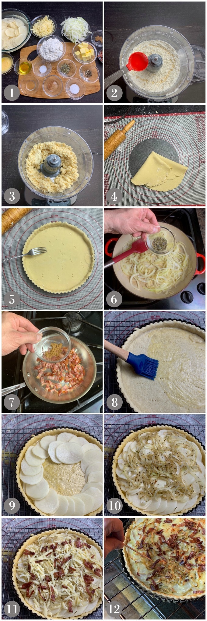 A collage of photos showing how to make potato, bacon and gruyere tart baked in the oven.