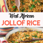 A collage of photos showing a red pan with West African jollof rice.