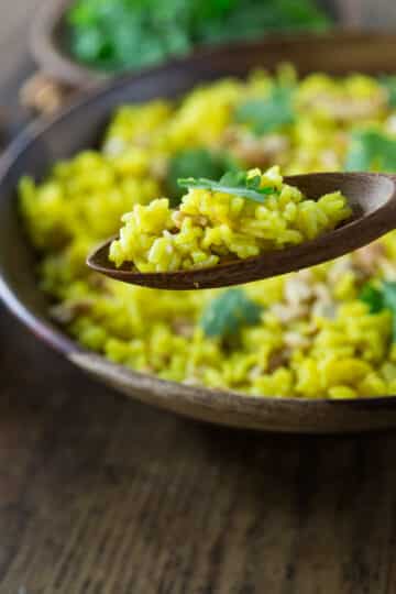 A photo of Indonesian coconut rice with turmeric and cashews on a wooden spoon.