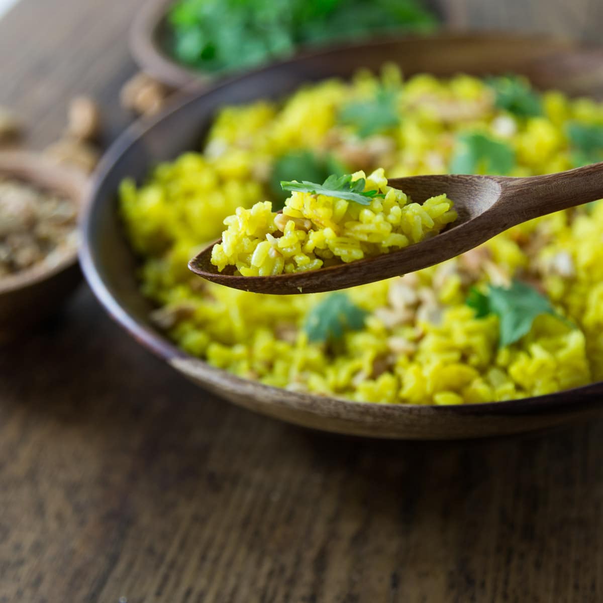 A photo of Indonesian coconut rice with turmeric and cashews on a wooden spoon.