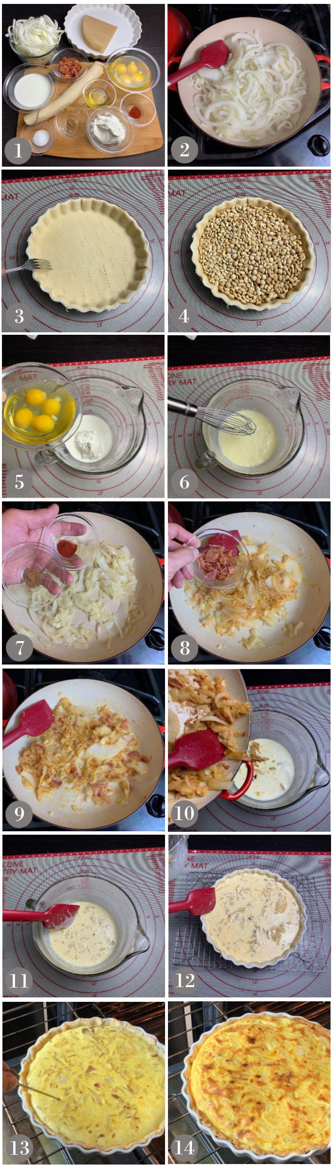 A collage of photos showing the ingredients and steps to make zwiebelkucken.