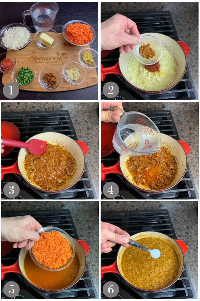 A collage of photos showing a pot and steps to make Ethiopian red lentil stew, misir wot.