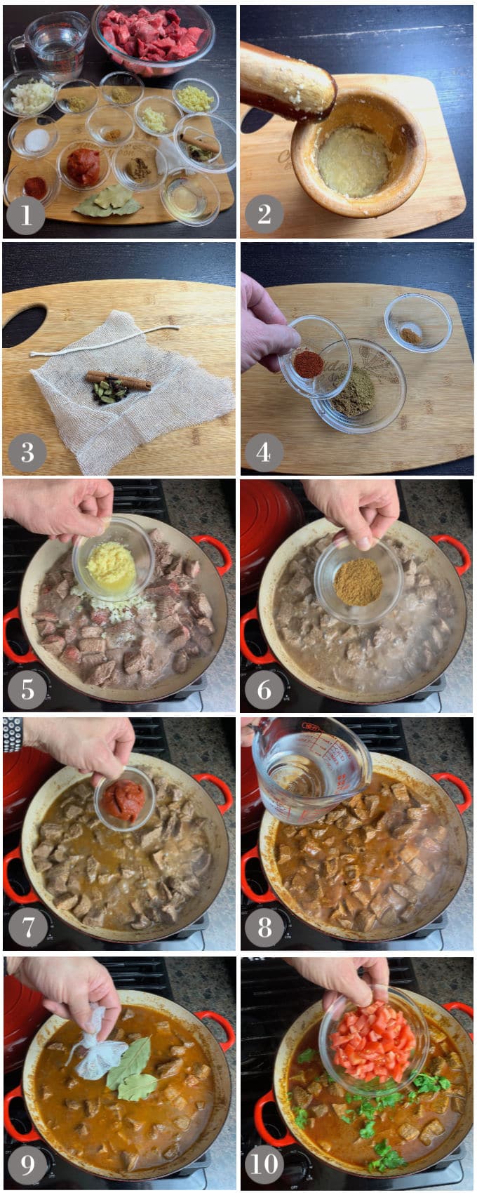 A collage of photos showing the ingredients and steps to make lamb rogan josh in a red pan on a stove.