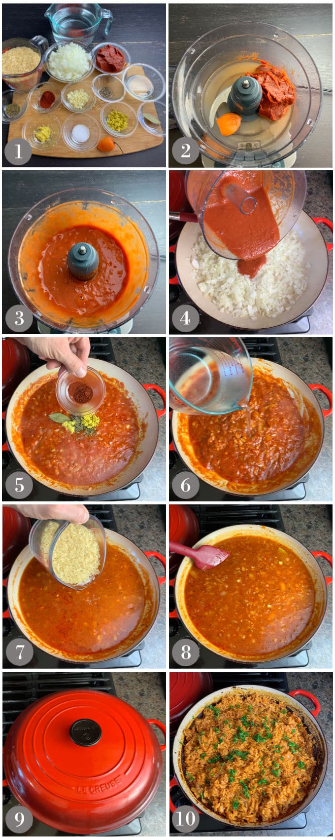 A collage of photos showing the ingredients and step to make West African jollof rice in a Dutch oven. 