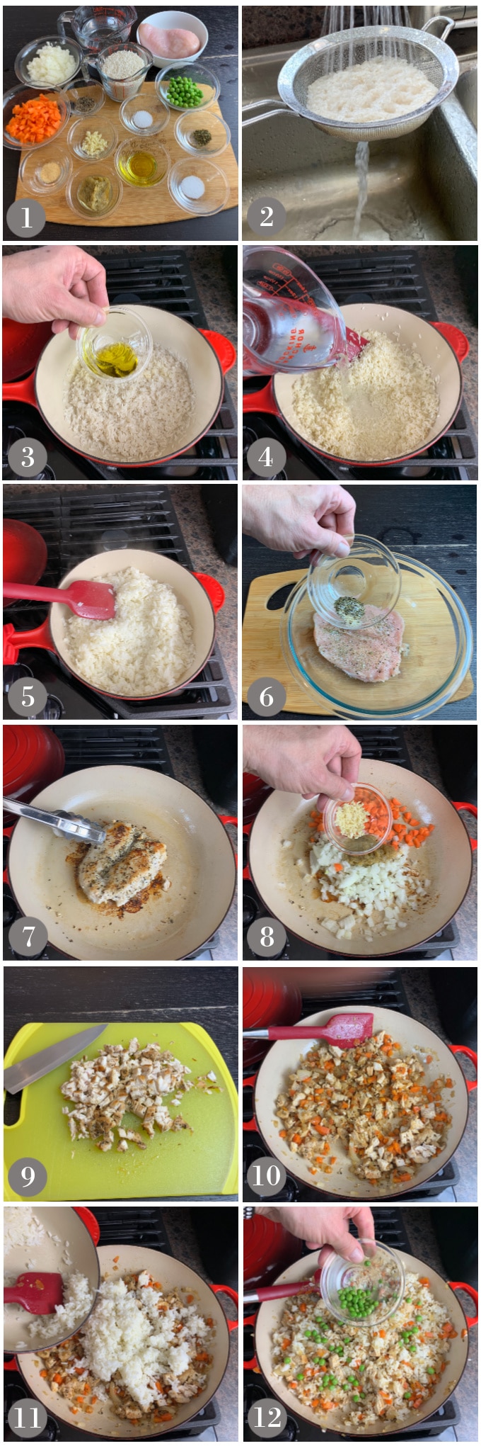 A collage of photos showing the ingredients to make arroz con pollo in a pan on the stove.