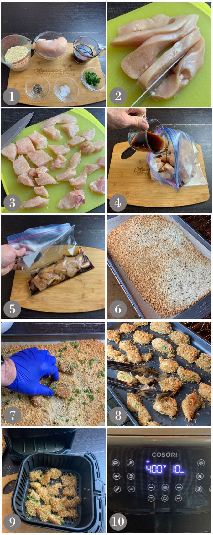 A collage of photos showing the ingredients and steps to make homemade chicken tenders.
