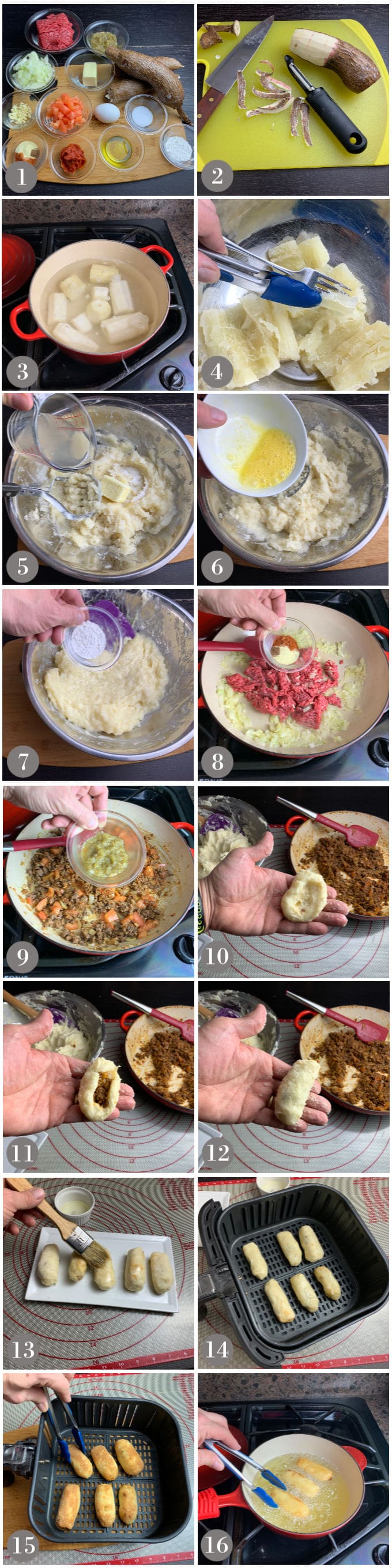 A collage of photos showing the steps to make Panamanian yuca fritters - carimañolas.
