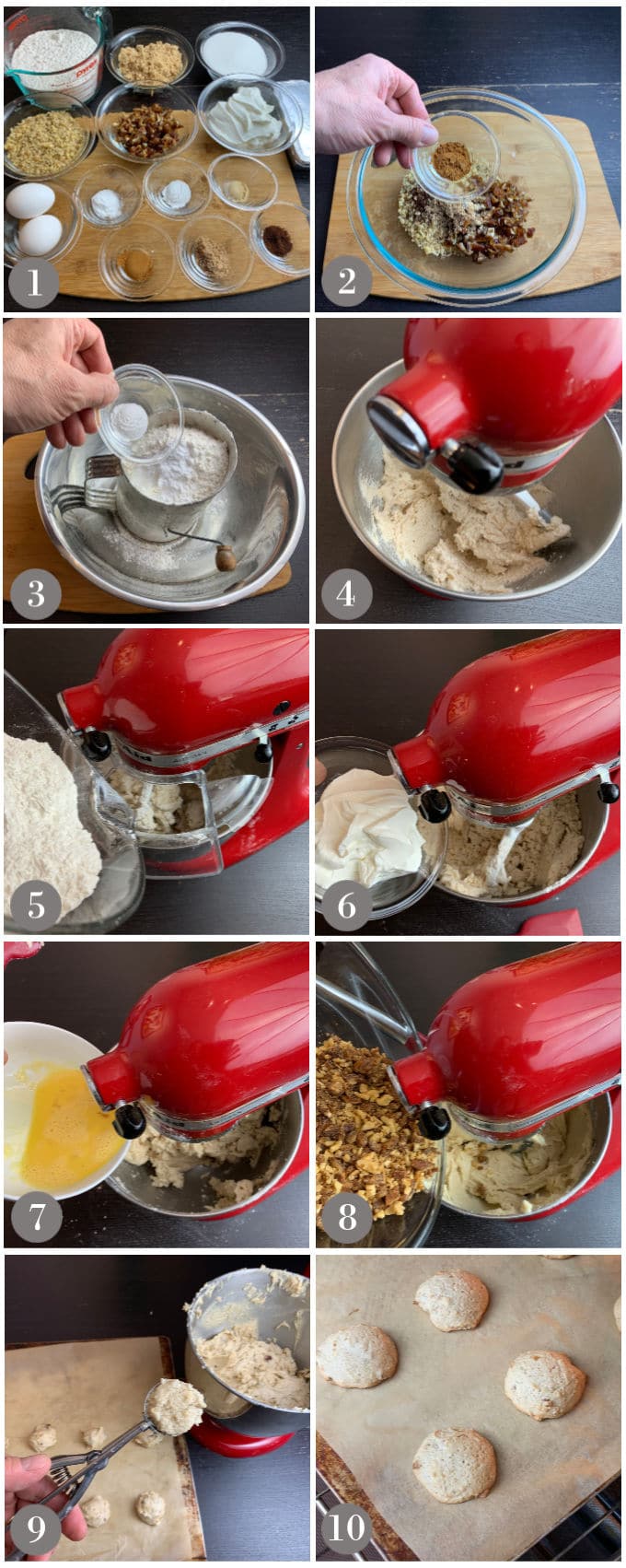 A collage of photos showing the ingredients and step to make hermit cookies with a stand mixer then baked in the oven.