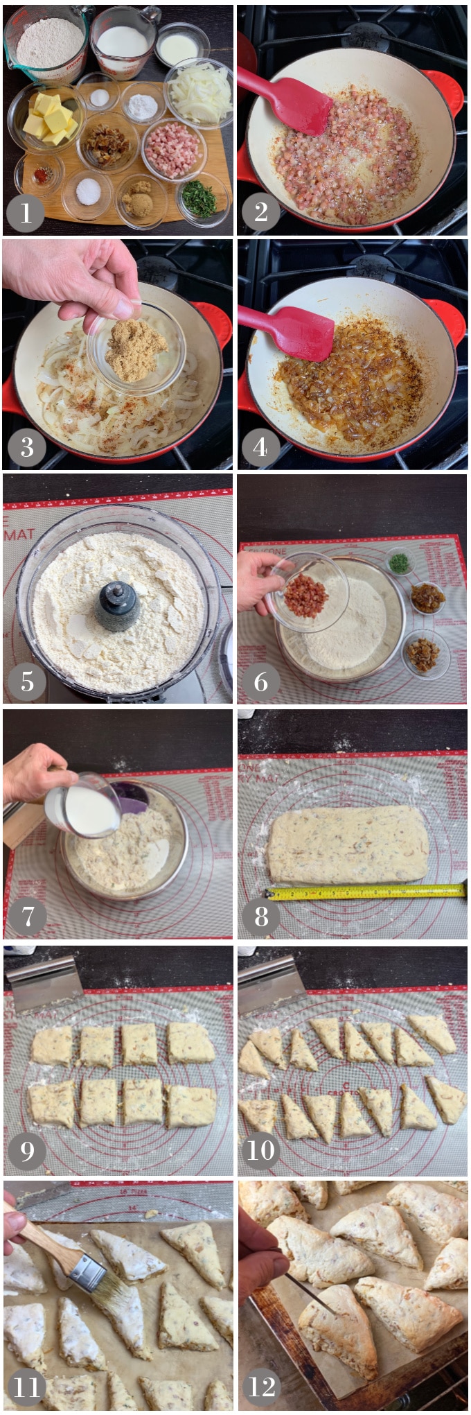 A collage of photos showing the ingredients and step to make onion, fig and pancetta scones.