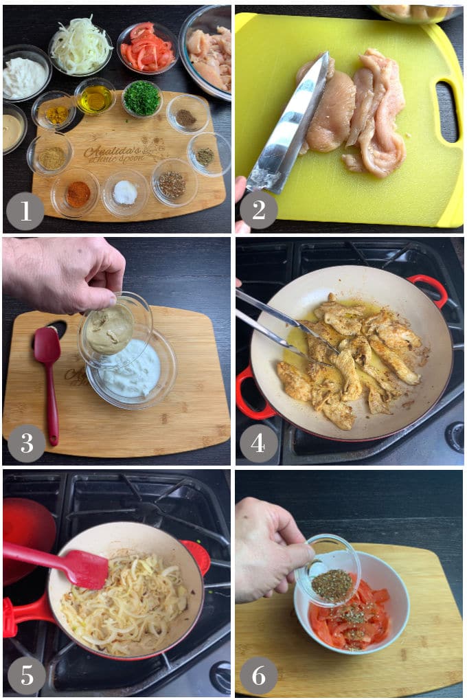 A collage of photos showing the steps to make chicken shawarma.