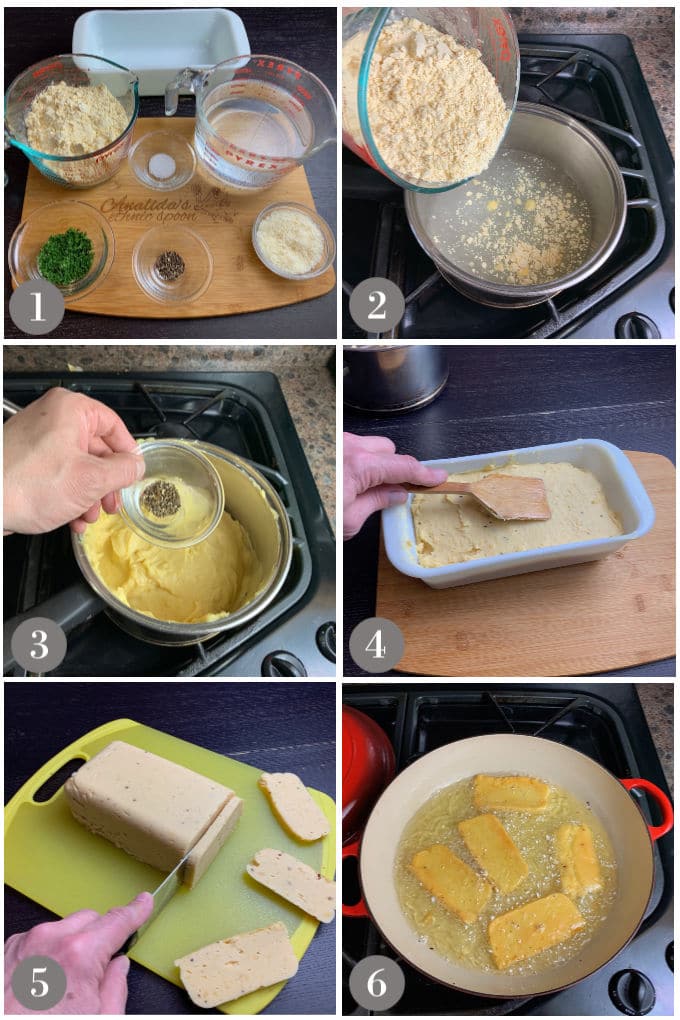 A collage of photos showing the ingredients and step to make panelle.