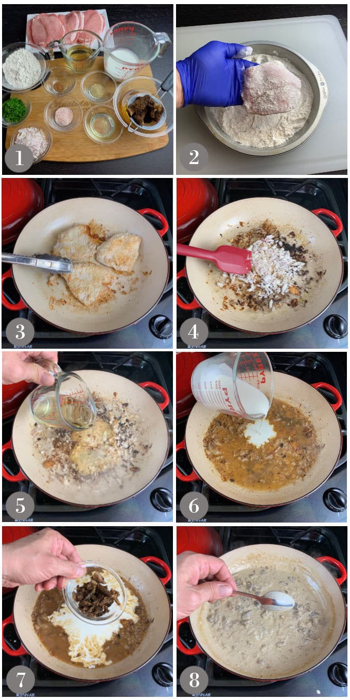 A collage of photos showing the ingredients and steps to make pork chops with morel mushroom cream sauce.