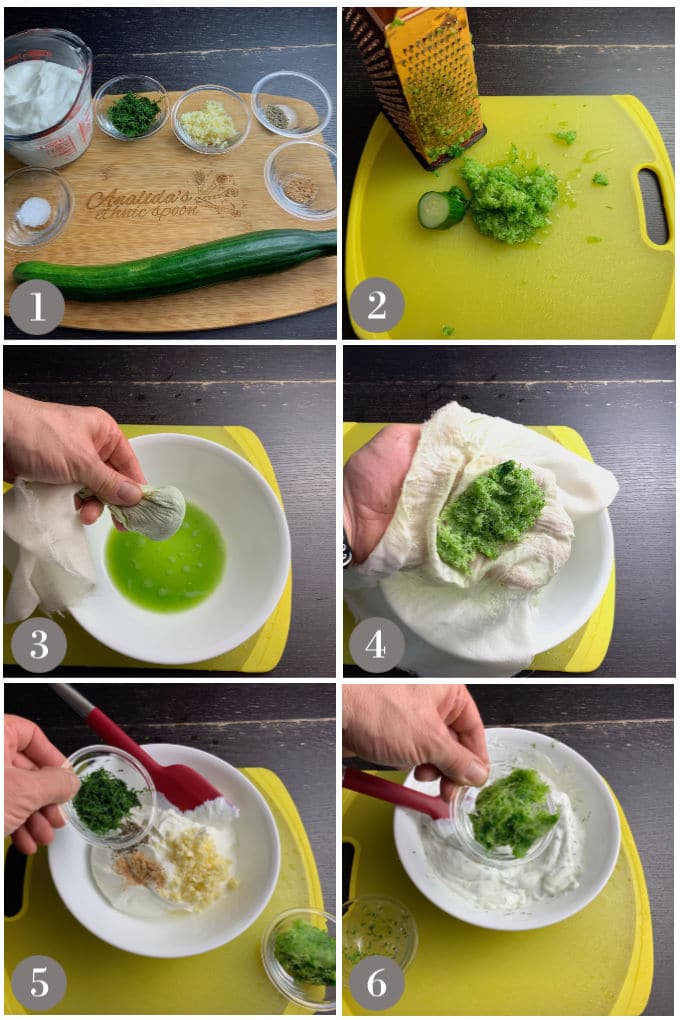 A collage of photos showing the steps and ingredients to make Greek tzatziki sauce.