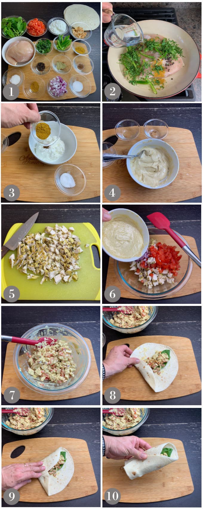 A collage of photos showing the steps to make creamy chicken curry wraps.