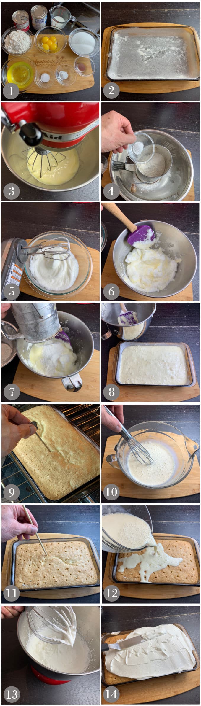 A collage of photos showing the steps to make tres leches cake.