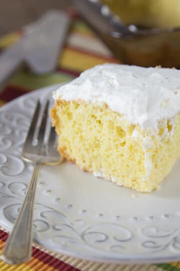 A photo of a piece of tres leches cake on a plate with a fork.