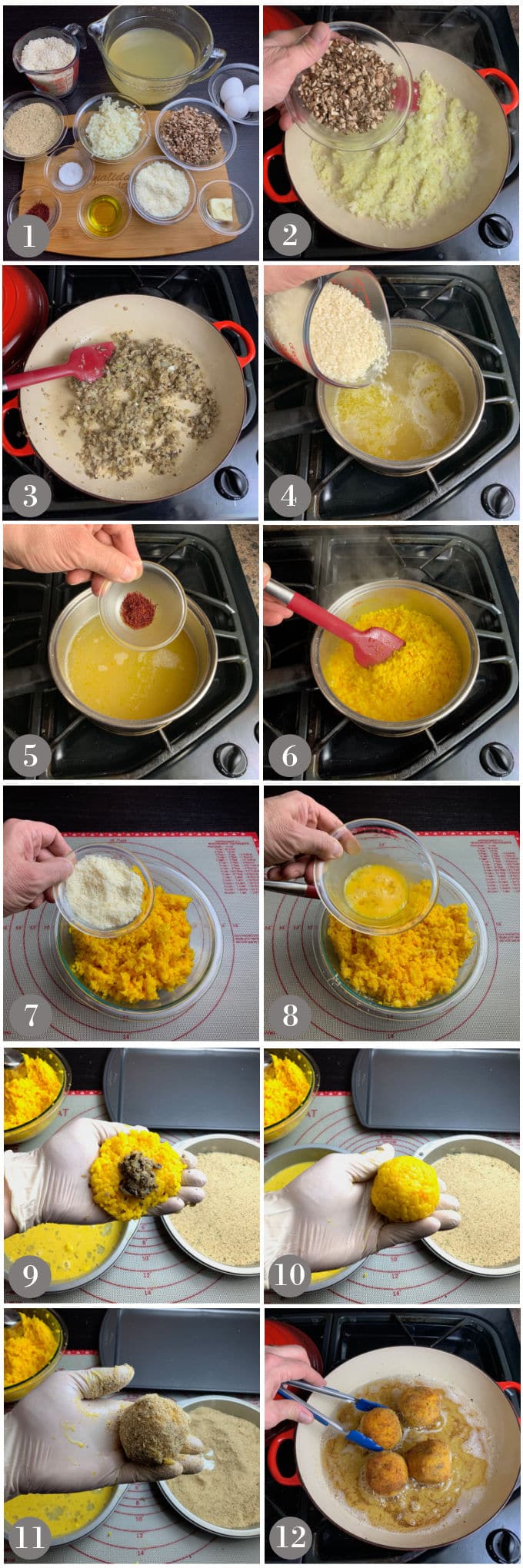 A collage of photos showing the steps to make Sicilian arancini on a stove.