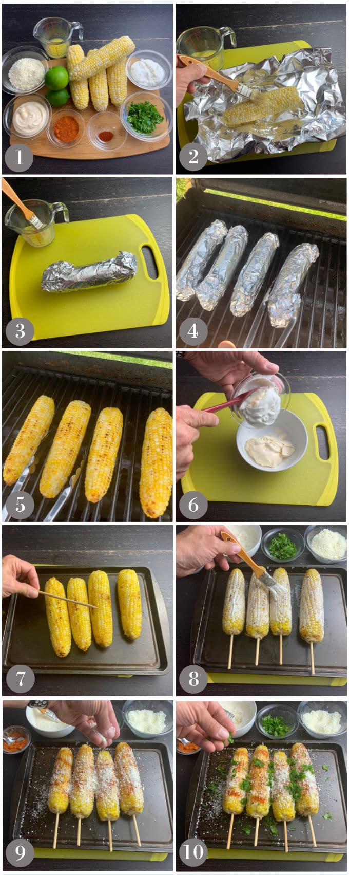 A collage of photos showing the steps to make Mexican style street corn on the cob or elote. 