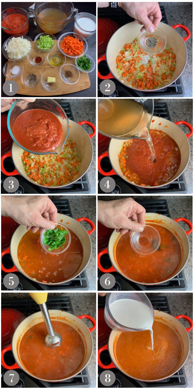 A collage of photos showing the steps to make to tomato basil bisque in a Dutch oven on the stove.