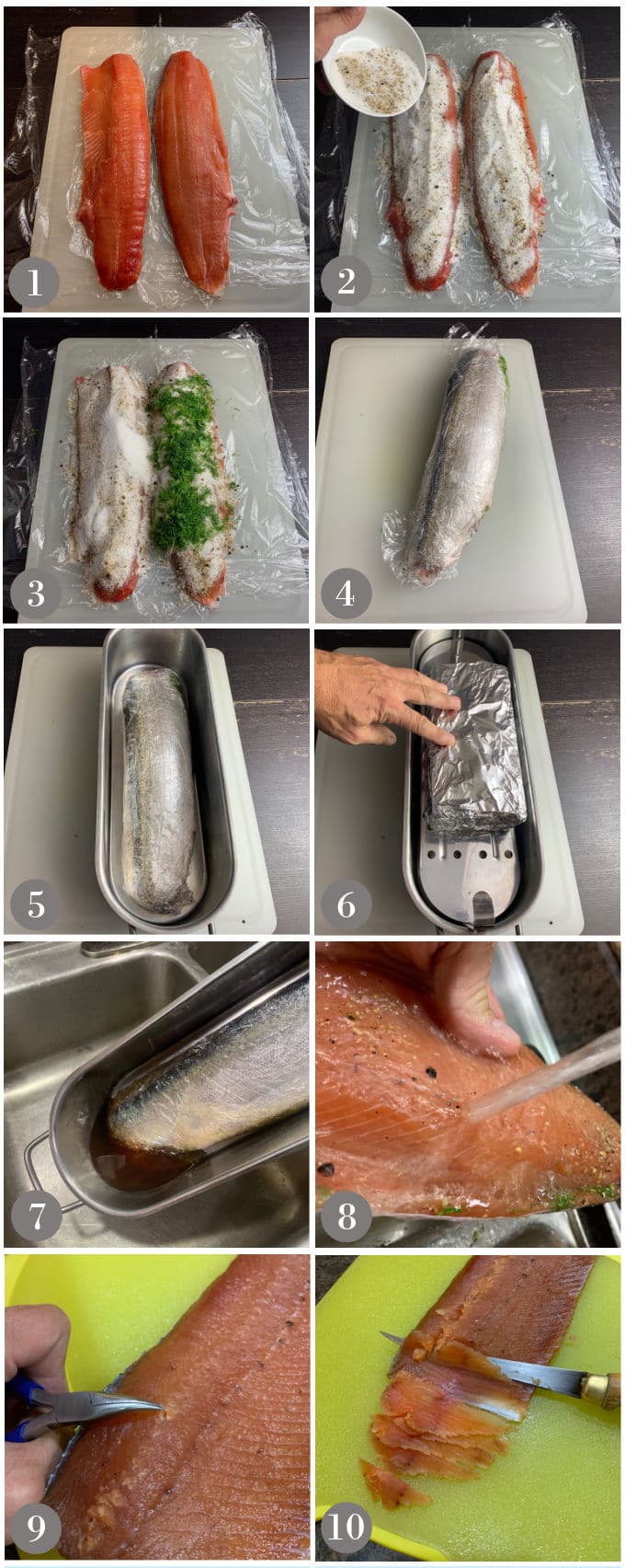 A collage of photos showing the steps to make homemade salt cured salmon or gravlax.