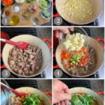 A collage of photos showing ingredients and steps to make Panamanian beef stew.