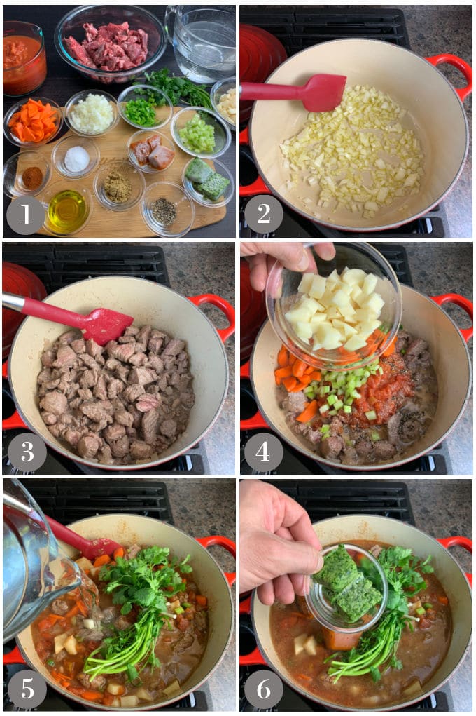 A collage of photos showing ingredients and steps to make Panamanian beef stew.