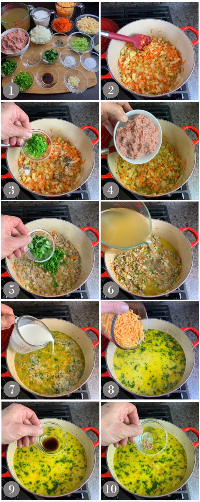 A collage of photos showing the ingredients and steps to make turkey burger soup in a soup pot in a stove.