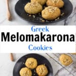 A collage of photos showing melonmakarona cookies on a plate.