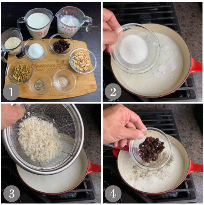 A collage of photos showing the ingredients, a sauce pan and steps to make kheer on a stove.